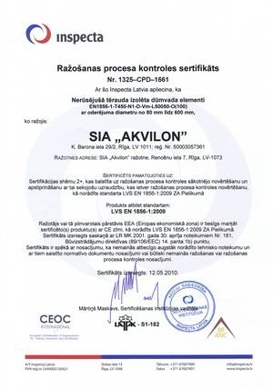 CE sertifikāts. Nerūsējuša tērauda izolētie dūmvadi